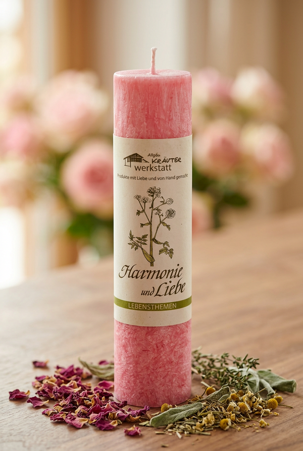 Allgäuer Heilkräuterkerze Harmonie und Liebe: rosa Stumpenkerze mit Etikett auf einem Holztisch zwischen getrockneten Rosenblättern und Kräutern