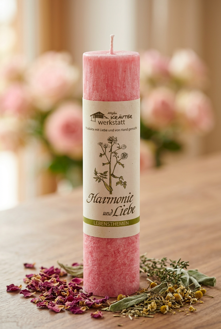 Allgäuer Heilkräuterkerze Harmonie und Liebe: rosa Stumpenkerze mit Etikett auf einem Holztisch zwischen getrockneten Rosenblättern und Kräutern